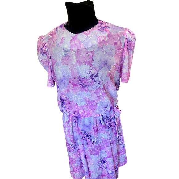 Vintage 80’s KR of NY Hot Pink Purple Peplum Bow Secretary Retro Dress Med Large - Picture 3 of 9